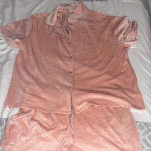 Peach Velvet Short Sleeve Button-Up Pajama Set